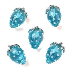 Dodger Blue Resin Pendants, Strawberry Charm, with Alloy, Platinum, Dodger Blue, 21x12.5x12mm, Hole: 1.5mm