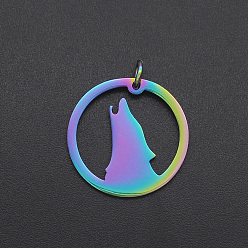 Rainbow Color Ion Plating(IP) 201 Stainless Steel Pendants, Howling Wolf Pendants, with Jump Ring, Ring with Wolf, Laser Cut, Rainbow Color, 20x1mm, Hole: 3mm
