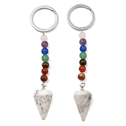 Howlite Natural Howlite Cone Pendant Keychain, with 7 Chakra Gemstone Beads and Platinum Tone Brass Findings, 108mm