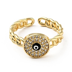 Black Clear Cubic Zirconia Evil Eye Open Cuff Ring with Enamel, Real 18K Gold Plated Brass Jewelry for Women, Cadmium Free & Lead Free, Black, US Size 7(17.3mm)