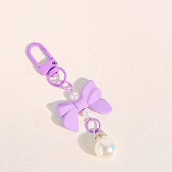 Violet Macaron Color Plastic Bowknot and Round Pendant Keychain, with Clasp, Violet, 90mm