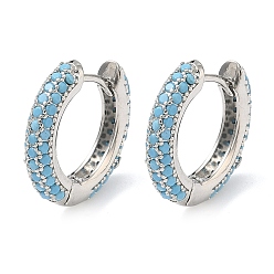 Небесно-голубой Латунные микро проложить серьги обруча кубического циркония, без кадмия и без свинца, долговечный, стойки покрытие, платина, голубой, 16.5x17x3.5 мм