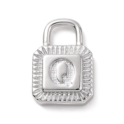 Letter Q Eco-friendly Rack Plating Brass Pendants, Cadmium Free & Lead Free, Long-Lasting Plated, Lock with Alphabet, Platinum, Letter.Q, 15x10x3mm, Hole: 3.5x4mm