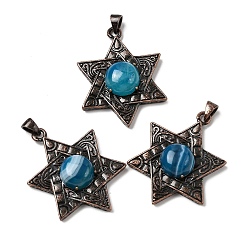 Полосатый Агат Подвески в виде звезды Давида из натурального голубого полосатого агата (окрашенного и подвергнутого термической обработке)., с винтажной латунной рамкой красного медного оттенка, 33.5~34x25.5x7.5 мм, отверстие : 5x3 мм