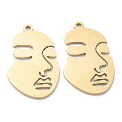 Golden Ion Plating(IP) 304 Stainless Steel Pendants, Manual Polishing, Abstract Face, Golden, 35x20x1mm, Hole: 2mm