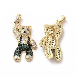 Темно-Зеленый Латунные микро проложить кубического циркония подвески, медведь очарование, золотые, темно-зеленый, 31x16x5.5 мм, отверстие : 4x2.5 мм