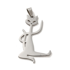 Stainless Steel Color 304 Stainless Steel Pendants, Laser Cut, Kung Fu Cat Charm, Stainless Steel Color, 34x21x1mm, Hole: 6x3mm