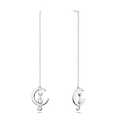 Platinum SHEGRACE Rhodium Plated 925 Sterling Silver Dangle Stud Earrings, Moon with Cat, Platinum, 88mm