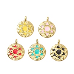 Mixed Color Vacuum Plating 304 Stainless Steel Enamel Pendants, Light Gold, Flat Round with Star of David, Mixed Color, 19x15x4mm, Hole: 2.4mm