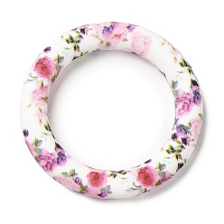 White Food Grade Eco-Friendly Silicone Pendants, Ring with Rose Pattern, White, 65x10mm, Hole: 4mm