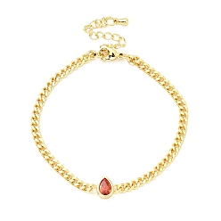 Orange Red Cubic Zirconia Teardrop Link Bracelet with Curb Chains, Gold Plated Brass Jewelry for Women, Lead Free & Cadmium Free, Orange Red, 7 inch(17.7cm)