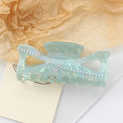 Pale Turquoise Bowknot Cellulose Acetate Large Claw Hair Clips, with Plastic Imitation Pearl Beads, for Women Girl Thick Hair, Pale Turquoise, 60x140x68mm