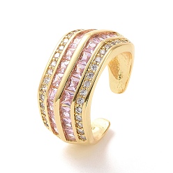 Pink Cubic Zirconia Multi Lines Open Cuff Ring, Real 18K Gold Plated Brass Thick Ring for Women, Cadmium Free & Nickel Free & Lead Free, Pink, US Size 6 3/4(17.1mm)