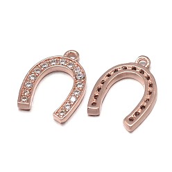 Real Rose Gold Plated Horseshoe Brass Micro Pave Cubic Zirconia Charms, Grade AAA, Lead Free & Nickel Free & Cadmium Free, Real Rose Gold Plated, 14.5x10x2mm, Hole: 1mm