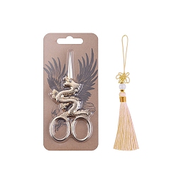 PeachPuff Light Gold Dragon-shaped Stainless Steel Scissors, Embroidery Scissors, Sewing Scissors, with Tassel Fittings Pendants, PeachPuff, 115x53mm