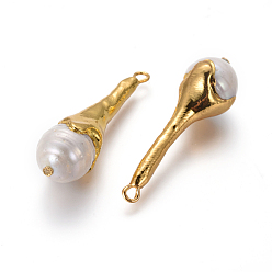 Golden Natural Cultured Freshwater Pearl Pendants, with Brass Findings, teardrop, Golden, 43~44x12~12.5mm, Hole: 1.8mm