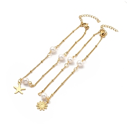 Mixed Patterns CCB Pearl Link Anklet, Golden 304 Stainless Steel Charms Anklet with Satellite Chains for Women, Mixed Patterns, Pendant: 13~14x10~11.5x0.5mm, 9 inch(22.8cm)