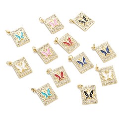 Mixed Color Brass Micro Pave Clear Cubic Zirconia Pendants, with Enamel, Real 18K Gold Plated, Long-Lasting Plated, Rectangle with Butterfly, Mixed Color, 23x19x3.5mm, Hole: 2.4mm