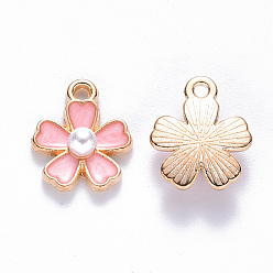 Light Coral Alloy Enamel Charms, with ABS Plastic Imitation Pearl, Sakura Flower, Light Gold, Light Coral, 14.5x11.5x4.5mm, Hole: 1.2mm