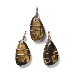 Tiger Eye Natural Tiger Eye Pendants, Rack Plating Brass Wire Wrapped Gems Teardrop Charms, Cadmium Free & Lead Free, Rose Gold, 37~40x19~19.5x9.5~10mm, Hole: 4.5~5mm