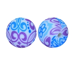Medium Purple Round with Flower Print Pattern Food Grade Silicone Beads, Silicone Teething Beads, Medium Purple, 15mm