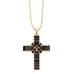 Black Brass Micro Pave Cubic Zirconia Pendant Necklaces, Cross, Black, 16.54 inch(42cm)