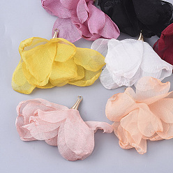 Mixed Color Organza Fabric Big Pendants, with Golden Tone Iron Findings, Flower, Mixed Color, 60.5~80.5x45~76mm, Hole: 3mm