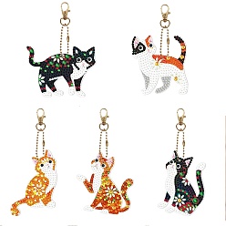 Cat Shape DIY Diamond Painting Keychain Kits, Including Acrylic Board, Keychain Clasp, Bead Chain, Resin Rhinestones Bag, Diamond Sticky Pen, Tray Plate and Glue Clay, Cat Shape, 65~145x45~90mm, 5pcs/set