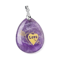 Аметист Подвески из натурального аметиста , с реечной обшивкой латунными выводами, без кадмия и без свинца, очарование слезы, 31x25x5~7 мм, отверстие : 4.5x4 мм