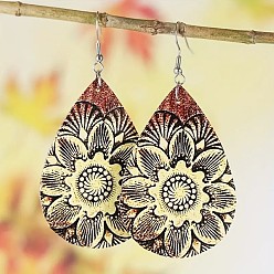 Colorful Iron & Imitation Leather Dangle Earrings, Teardrop with Flower Pattern, Colorful, 58x39mm