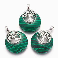 Malachite Synthetic Malachite Pendants, with Platinum Tone Brass Findings, Flat Round with Tree of Life, 32.5~33x27.5~28x5~6mm, Hole: 5x7mm