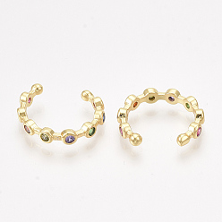 Colorful Brass Cubic Zirconia Cuff Earrings, Golden, Colorful, 14x3mm