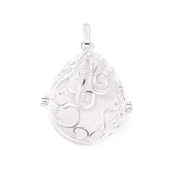 Silver Rack Plating Brass Hollow Teardrop Bead Cage Pendants, For Chime Ball Pendant Necklaces Making, Silver, 38x31x24mm, Hole: 10x4.5mm, inner: 30.5x25mm
