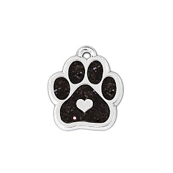 Black Enamel Pendants, with Platinum Plated Alloy Findings and Glitter Powder, Dog Paw Prints with Heart, Black, 18.8x16.5x2.2mm, Hole: 1.5mm