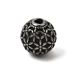 Argent Antique 316 perles chirurgicales en acier inoxydable, ronde avec motif de fleurs, argent antique, 9.5x10mm, Trou: 2mm
