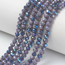 Medium Purple Electroplate Opaque Solid Color Glass Beads Strands, Half Plated, Blue Plated, Faceted, Rondelle, Medium Purple, 4x3mm, Hole: 0.4mm, about 123~127pcs/strand, 16.5~16.9 inch(42~43cm)
