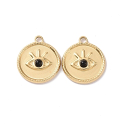 Black Onyx Natural Black Onyx(Dyed & Heated) Pendants, with Ion Plating(IP) Real 18K Gold Plated 304 Stainless Steel Findings, Flat Round Charm with Eyes, 21x18.5x3mm, Hole: 2.5mm