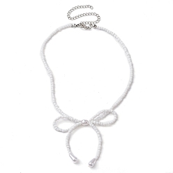 White Bowknot 304 Stainless Steel Necklaces, Acrylic Bead Necklaces for Women, White, 12.60~12.80 inch(32~32.5cm)