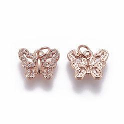 Розовое Золото Латунные микро проложить кубического циркония прелести, бабочка, прозрачные, розовое золото , 10x12.5x2 мм, отверстие : 3 мм