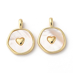 Real 18K Gold Plated Rack Plating Brass Pendants with Natural Shell, Flat Round Charms with Heart, Long-Lasting Plated, Lead Free & Cadmium Free, Real 18K Gold Plated, 18.5x14x4mm, Hole: 3.5x2mm