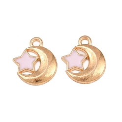Pearl Pink Alloy with Enamel Charms, Moon with Star Charms, Light Gold, Pearl Pink, 13.5x12x2mm, Hole: 1.5mm
