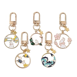 Mixed Color Chinese Style Alloy Enamel Pendant Decoratios, with Swivel Clasps, Flat Round with Rabbit, Mixed Color, 61~65mm, 5pcs/set
