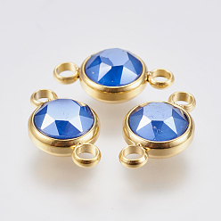 Royal Blue K9 Glass Links connectors, Faceted, with 304 Stainless Steel Findings, Ion Plating (IP), Flat Round, Golden, Royal Blue, 17.5x10x6mm, Hole: 2.5mm