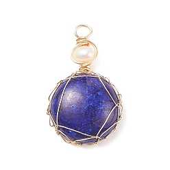 Lapis Lazuli Natural Lapis Lazuli Pendants, with Golden Tone Copper Wire Wrapped and Natural Cultured Freshwater Pearl, Dyed, Oval, 34x21x8mm, Hole: 3.7mm