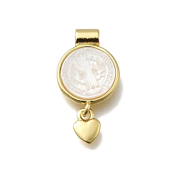 Настоящее золото 18K Латунный паве натуральный белый ракушка плоский круглый с подвесками в форме сердца, без кадмия и без свинца, стойки покрытие, долговечный, реальный 18 k позолоченный, 22.5x12x3 мм, отверстие : 2 мм