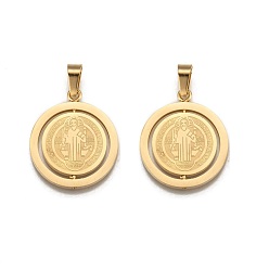 Golden 304 Stainless Steel Pendants, Flat Round with Saint Benedict Medal, Golden, 27x23x2mm, Hole: 4x6.5mm
