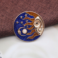 Sun Blue Flat Round Enamel Pin, Light Gold Plated Alloy Badge for Corsage Scarf Clothes, Sun Pattern, 40mm