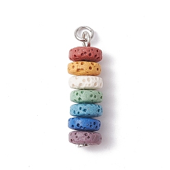 Stainless Steel Color Natural Lava Rock Dyed Beaded Pendants, Chakra Disc Charms with 304 Stainless Steel Loops, Colorful, Stainless Steel Color, 27.5x8mm, Hole: 3.5mm