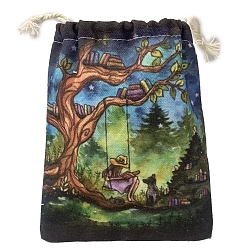 Tree Canvas Cloth Packing Pouches, Drawstring Bags, Rectangle, Tree Pattern, 15~18x13~14cm