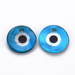 Озёрно--синий Шармы с пресноводными ракушками и принтом, плоские круглые с сглаза, Плут синий, 12~13x1.5~3 мм, отверстие : 1.5~1.8 мм